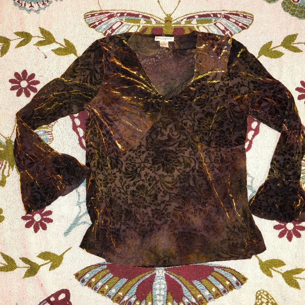 Velvet Burnout V-Neck Blouse in Brown - Unknown Brand